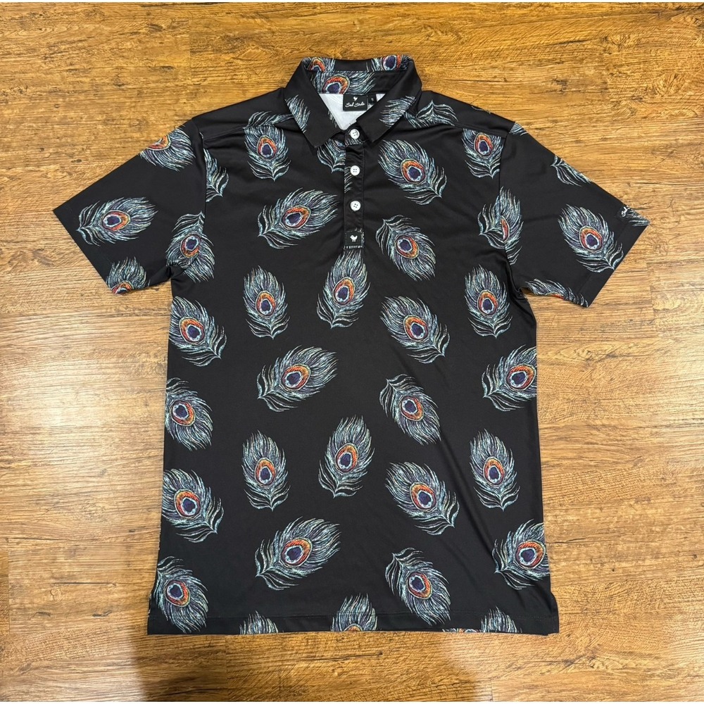 Bad Birdie Black Peacock Feathers Performance Golf Short Sleeve Polo Shirt Men S - Picture 2 of 7